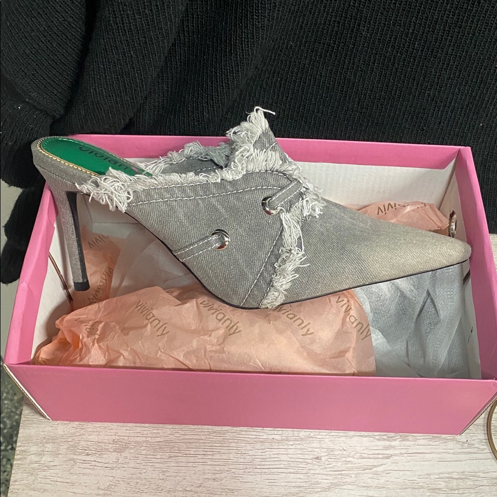 Gray Frayed Denim Heeled Mules